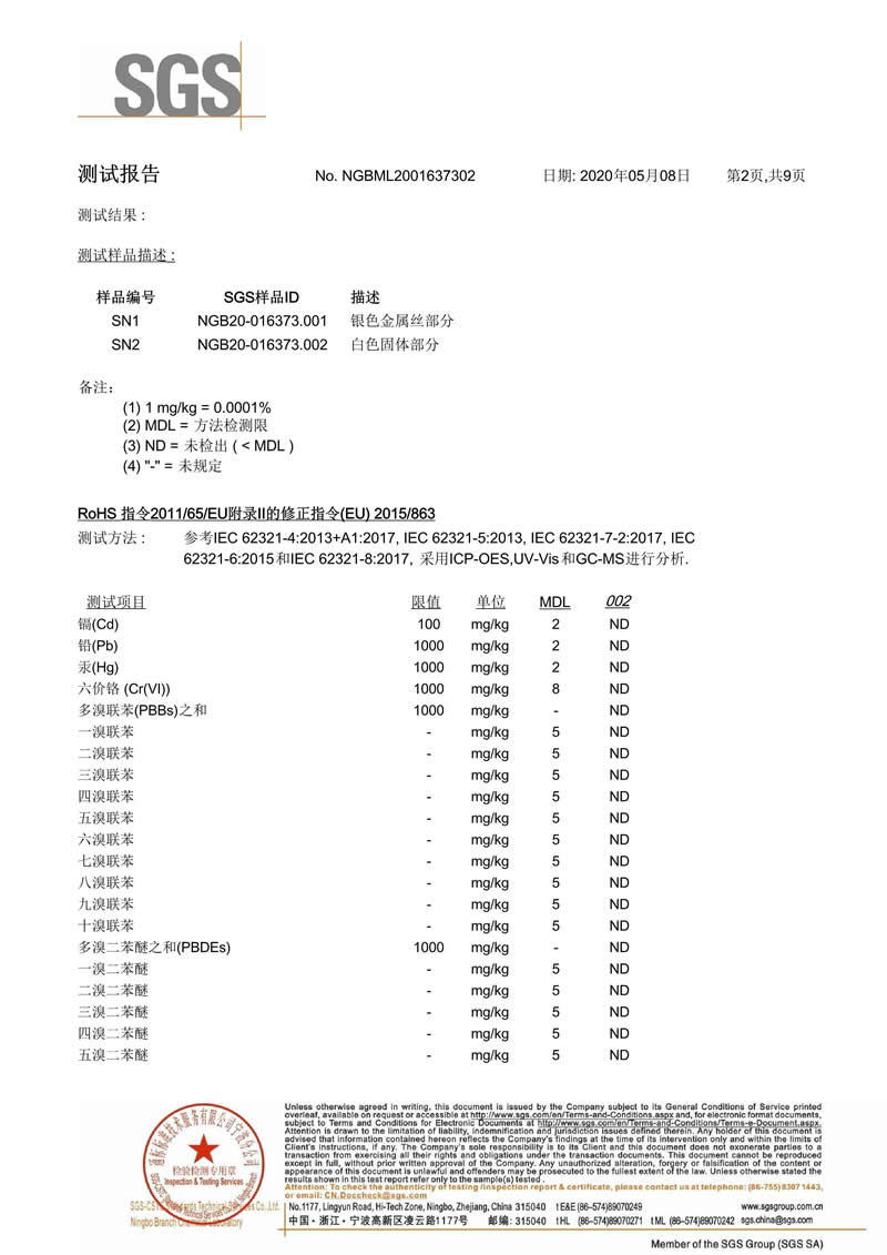 双丝鼻梁条SGS检测报告